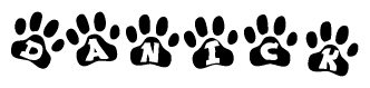 The image shows a series of animal paw prints arranged horizontally. Within each paw print, there's a letter; together they spell Danick