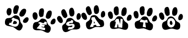 The image shows a row of animal paw prints, each containing a letter. The letters spell out the word Desanto within the paw prints.