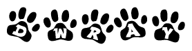 The image shows a series of animal paw prints arranged horizontally. Within each paw print, there's a letter; together they spell Dwray