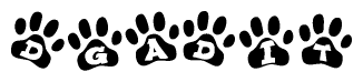 The image shows a series of animal paw prints arranged in a horizontal line. Each paw print contains a letter, and together they spell out the word Dgadit.