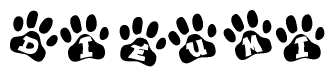 The image shows a series of animal paw prints arranged horizontally. Within each paw print, there's a letter; together they spell Dieumi