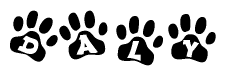 The image shows a row of animal paw prints, each containing a letter. The letters spell out the word Daly within the paw prints.
