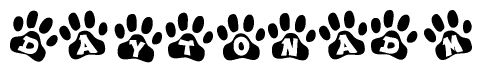 The image shows a row of animal paw prints, each containing a letter. The letters spell out the word Daytonadm within the paw prints.