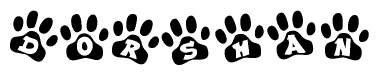 The image shows a series of animal paw prints arranged horizontally. Within each paw print, there's a letter; together they spell Dorshan