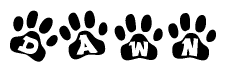 The image shows a row of animal paw prints, each containing a letter. The letters spell out the word Dawn within the paw prints.