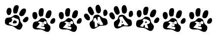 The image shows a series of animal paw prints arranged in a horizontal line. Each paw print contains a letter, and together they spell out the word Deemaree.
