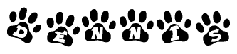 The image shows a series of animal paw prints arranged in a horizontal line. Each paw print contains a letter, and together they spell out the word Dennis.