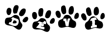 The image shows a series of animal paw prints arranged in a horizontal line. Each paw print contains a letter, and together they spell out the word Devi.