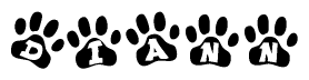 The image shows a series of animal paw prints arranged in a horizontal line. Each paw print contains a letter, and together they spell out the word Diann.
