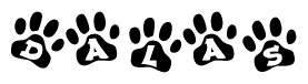 The image shows a row of animal paw prints, each containing a letter. The letters spell out the word Dalas within the paw prints.