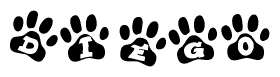The image shows a row of animal paw prints, each containing a letter. The letters spell out the word Diego within the paw prints.