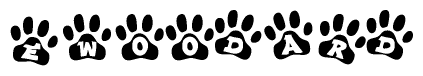 The image shows a series of animal paw prints arranged horizontally. Within each paw print, there's a letter; together they spell Ewoodard