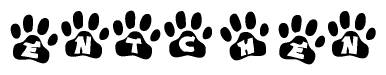 The image shows a row of animal paw prints, each containing a letter. The letters spell out the word Entchen within the paw prints.