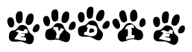 The image shows a series of animal paw prints arranged horizontally. Within each paw print, there's a letter; together they spell Eydie