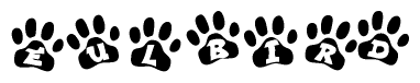 The image shows a row of animal paw prints, each containing a letter. The letters spell out the word Eulbird within the paw prints.
