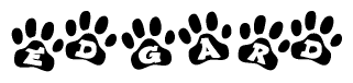 The image shows a series of animal paw prints arranged in a horizontal line. Each paw print contains a letter, and together they spell out the word Edgard.