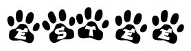 The image shows a series of animal paw prints arranged in a horizontal line. Each paw print contains a letter, and together they spell out the word Estee.