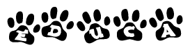 The image shows a series of animal paw prints arranged in a horizontal line. Each paw print contains a letter, and together they spell out the word Educa.