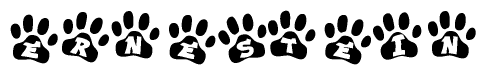 The image shows a series of animal paw prints arranged in a horizontal line. Each paw print contains a letter, and together they spell out the word Ernestein.