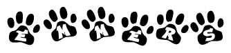 The image shows a row of animal paw prints, each containing a letter. The letters spell out the word Emmers within the paw prints.