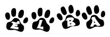 The image shows a series of animal paw prints arranged in a horizontal line. Each paw print contains a letter, and together they spell out the word Elba.