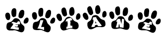 The image shows a row of animal paw prints, each containing a letter. The letters spell out the word Eliane within the paw prints.