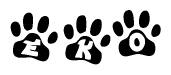 The image shows a series of animal paw prints arranged in a horizontal line. Each paw print contains a letter, and together they spell out the word Eko.