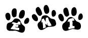 The image shows a series of animal paw prints arranged in a horizontal line. Each paw print contains a letter, and together they spell out the word Emi.