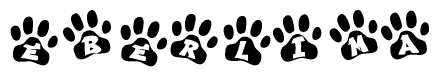 The image shows a series of animal paw prints arranged in a horizontal line. Each paw print contains a letter, and together they spell out the word Eberlima.