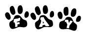 The image shows a series of animal paw prints arranged in a horizontal line. Each paw print contains a letter, and together they spell out the word Fay.