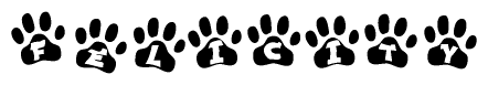 The image shows a series of animal paw prints arranged horizontally. Within each paw print, there's a letter; together they spell Felicity