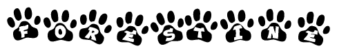 The image shows a series of animal paw prints arranged in a horizontal line. Each paw print contains a letter, and together they spell out the word Forestine.