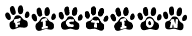 The image shows a series of animal paw prints arranged horizontally. Within each paw print, there's a letter; together they spell Fiction