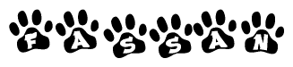The image shows a series of animal paw prints arranged horizontally. Within each paw print, there's a letter; together they spell Fassan