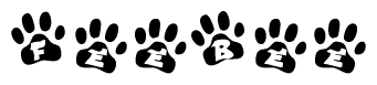 The image shows a row of animal paw prints, each containing a letter. The letters spell out the word Feebee within the paw prints.