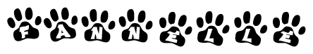 The image shows a row of animal paw prints, each containing a letter. The letters spell out the word Fannelle within the paw prints.