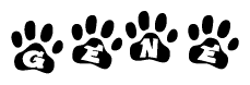 The image shows a row of animal paw prints, each containing a letter. The letters spell out the word Gene within the paw prints.
