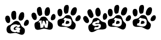 The image shows a row of animal paw prints, each containing a letter. The letters spell out the word Gwdsdd within the paw prints.