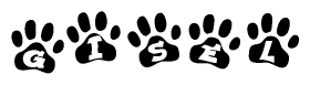 The image shows a row of animal paw prints, each containing a letter. The letters spell out the word Gisel within the paw prints.