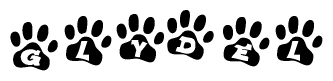 The image shows a series of animal paw prints arranged in a horizontal line. Each paw print contains a letter, and together they spell out the word Glydel.