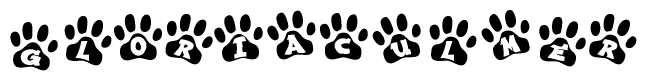 The image shows a series of animal paw prints arranged horizontally. Within each paw print, there's a letter; together they spell Gloriaculmer