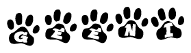The image shows a series of animal paw prints arranged in a horizontal line. Each paw print contains a letter, and together they spell out the word Geeni.