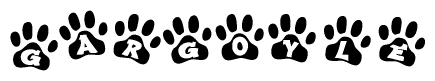 The image shows a row of animal paw prints, each containing a letter. The letters spell out the word Gargoyle within the paw prints.