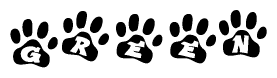 The image shows a series of animal paw prints arranged in a horizontal line. Each paw print contains a letter, and together they spell out the word Green.