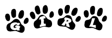 The image shows a series of animal paw prints arranged in a horizontal line. Each paw print contains a letter, and together they spell out the word Girl.