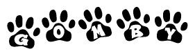 The image shows a series of animal paw prints arranged horizontally. Within each paw print, there's a letter; together they spell Gomby