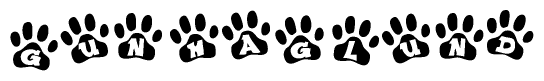 The image shows a series of animal paw prints arranged horizontally. Within each paw print, there's a letter; together they spell Gunhaglund