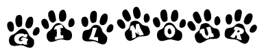 The image shows a series of animal paw prints arranged in a horizontal line. Each paw print contains a letter, and together they spell out the word Gilmour.