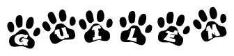 The image shows a series of animal paw prints arranged in a horizontal line. Each paw print contains a letter, and together they spell out the word Guilem.
