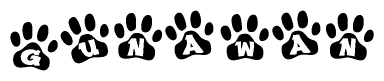 The image shows a series of animal paw prints arranged horizontally. Within each paw print, there's a letter; together they spell Gunawan